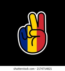 Hand gesture V sign of victory or peace line icon flag of Romania. Simple outline style for apps and websites.