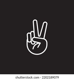 Hand gesture V sign for victory or peace line art. Vector icon for apps and websites. The index and ring fingers signal the number 2, illustration symbol two. Isolated on a black background.