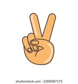 Hand gesture V sign as victory or peace  icon. Illustration in cartoon style. 70s retro clipart  vector design.