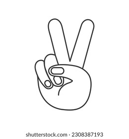 Hand gesture V sign as victory or peace  icon. Illustration in outline style. 70s retro vector design.