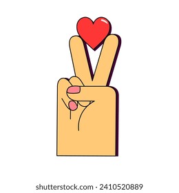 Gesto de mano V señal de victoria o paz con el corazón en los dedos. Elemento para el Día de San Valentín. El concepto de amor por la paz. Amor y romance. Estilo retro. Ilustración vectorial aislada.