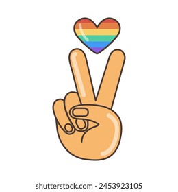 Hand gesture V sign as victory or peace with LGBT colored heart, icon. illustration in cartoon style. 70s retro clipart vector design.