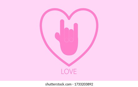 Hand gesture vector icon in love sign inside pink heart isolated on pink background, flat vector icon for web graphic design, space for text and design, palm and fingers in love sign gesture