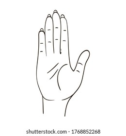 Hand gesture vector icon. Number five sign symbol. Hello or hello hand gesture. Hand drawn sketchy illustration with mystic and occult hand drawn symbols. Five fingers counting a female palm.