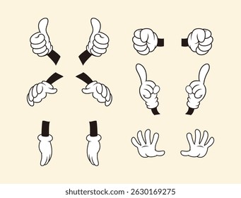 hand gesture vector icon set. Vintage cartoon hands in gloves and feet in shoes. Cute animation character body parts. Comics arm gestures and walking leg poses vector set. Different movements isolated