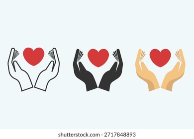 Hand gesture vector icons holding hearts symbolizing love, care, and support. Suitable for charity campaigns, healthcare visuals, relationships, and social themes.