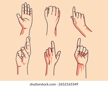 Conjunto de Ilustración vectorial de gestos de mano: alinee las manos humanas de estilo artístico con varios gestos