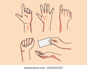 Hand Gesture Vector Illustration Set – Line Art Style Human Hands with Various Gestures