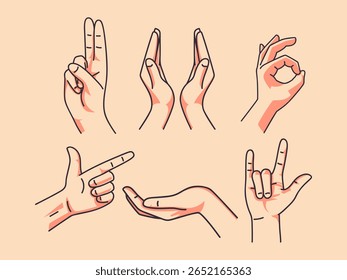 Hand Gesture Vector Illustration Set – Line Art Style Human Hands with Various Gestures