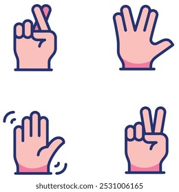 Hand gesture vector set showing crossed fingers, raised hand waving, peace sign, and high five symbol in flat vector style – perfect for social media, emojis, or communication graphics