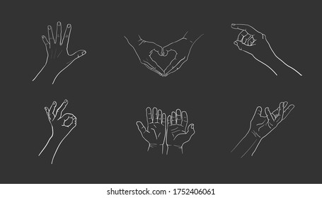 Hand gesture Vector sketch collection. Body language concept. Hands signs - interactive communication set. Hand in different positions. Arm gestures for showing and pointing, holding and representing