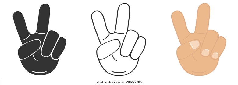 Hand gesture, victory sign, gesture hand victory, illustration of hands, vector hands, showing victory, fingers, toes in the form of victory. Flat design, vector.