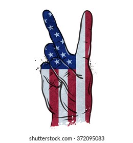 hand gesture the victory sign and USA flag on a white background. vector illustration