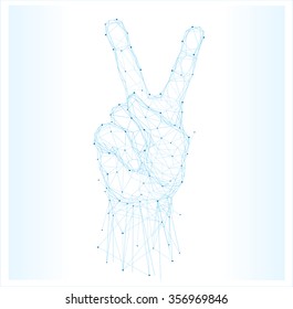 Hand gesture victory symbol on a light background. Polygonal blue hands vector isolated.