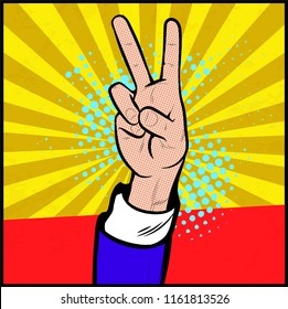 The hand gesture of victory - V Sign Hand. Fingers Showing Two. Vector Illustration In Pop Art Comic Style