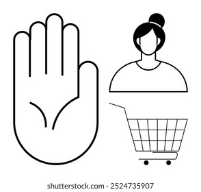Hand gesture, woman profile, and shopping cart in simplified style. Ideal for communication, customer service, shopping, e-commerce, and social interaction. Bold lines, minimalist style