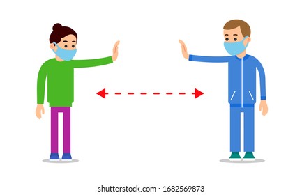 Hand gesture мan and woman warn each other about dangerous distance. Flat illustration with people virus for medical design. Safe distance between people. Isolated white background. Health care.
