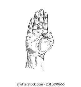 Gesto de mano. La mano derecha cierra 4 dedos y dobla el pulgar.	Ilustración vectorial de boceto retro vintage. Estilo de grabado. negro aislado sobre fondo blanco. esbozo de ilustración de diseño gráfico de dibujo vectorial