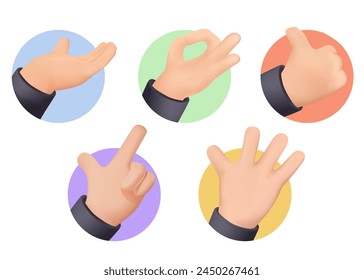 Hand gestures 3D. Vector illustrations of communication, expression of opinion, social network signs. Creative concepts for graphic and web design, social media banner, business, 3D icons set