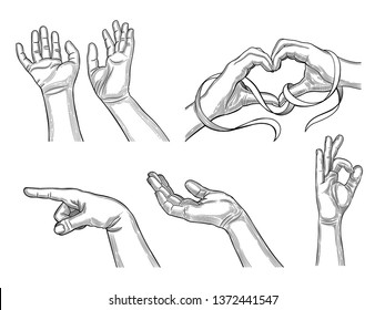 Hand gestures are: hand push, hands asking, a finger pointed at someone, sign ok, hands in the shape of hearts tied with ribbon. Vector illustration on white background.