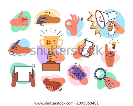Hand gestures. Arms holding megaphone and search magnifier. Palms with smartphone or tablet. Money icons. Handshake and okay symbols. Writing pen. People characters. Fingers gesturing vector flat set