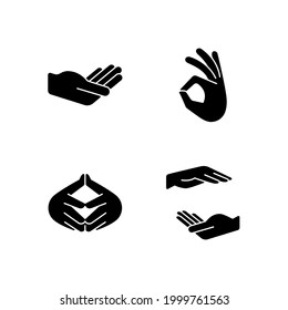 Hand gestures black glyph icons set on white space. Okay gesture. Steeple hand. Two hands holding something. Finger-tips touching each other. Silhouette symbols. Vector isolated illustration