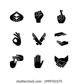 Hand gestures black glyph icons set on white space. One finger - Pointing. Counting on fingers. Handshake. Crossed arm. Okay gesture. Silhouette symbols. Vector isolated illustration