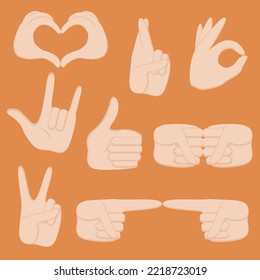 Hand gestures. Cartoon human hands isolated palm position. Point and cross fingers. Clenched fist or OK sign. Gesture icon set. Set of vector hand web stickers.