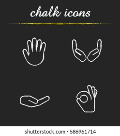 Hand gestures chalk icons set. Begging and cupped hands, palm, ok gesture. Isolated vector chalkboard illustrations