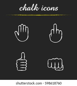 Hand gestures chalk icons set. Middle finger up, palm, punch, thumbs up. Isolated vector chalkboard illustrations