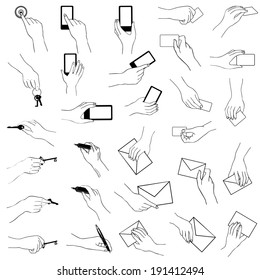 Hand gestures collection. Hands holding key, phone, card, letter, pen. Sketch collection.