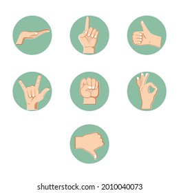 Hand gestures collection, sign of the horns, like and dislike. Set of arm signs. Vector gesturing and greeting, collection of gesture expression language illustration