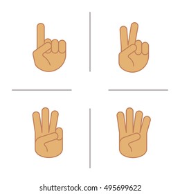 Hand gestures color icons set. One, two, three and four fingers up. Isolated vector illustrations