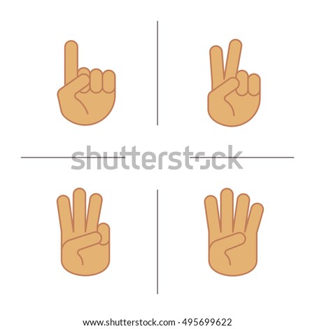 Hand gestures color icons set. One, two, three and four fingers up. Isolated vector illustrations