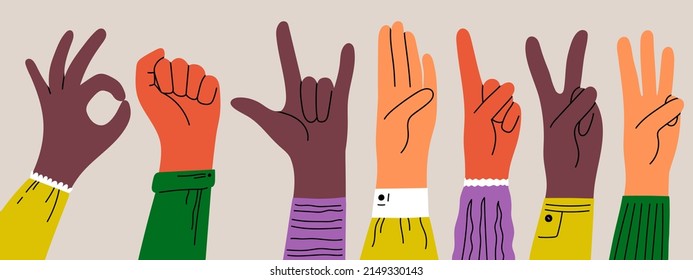 Hand gestures, color silhouettes with with elements of clothing. Various hands, vector illustration. 