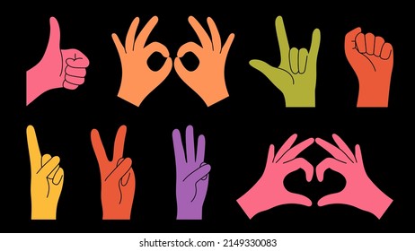 Gestos manuales, siluetas de color. Diversas manos, ilustración vectorial. 