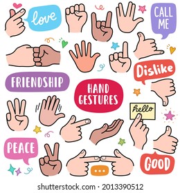 Hand gestures, colorful graphics elements and illustrations. Vector art such as love, call-me, peace, friendship, shy, nervous gesture are included in this doodle cartoon set.
