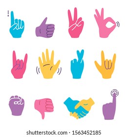 Hand gestures colorful set isolated on white background. Thumb up and ok, peace and attention, like and dislike. Vector cartoon flat illustration.