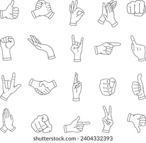 Hand Gestures for Coloring. Cartoon Human Palms and Wrists. Fist, Handshake, Prayer, Ok Sign, and others. Vector illustration