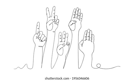 Contorno de gestos de mano en una línea.Dibujo de línea continua.1,2,3,4,5 dibujo de una línea.Ilustración vectorial