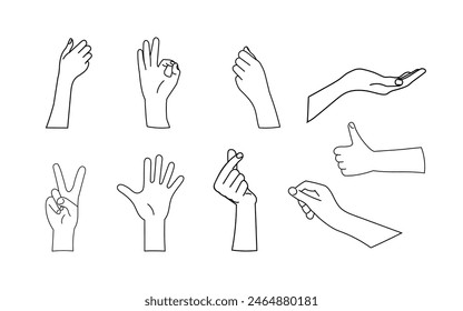 Hand gestures contour outline set collection vector illustration isolated on white background. Various gestures in flat style