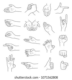 Hand gestures contour sketch ector set