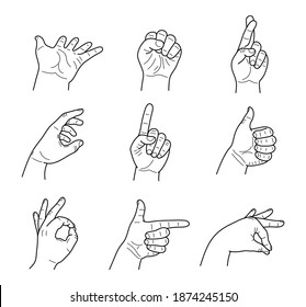 Hand gestures contour sketch set. Graphic sketch lines and strokes. Vector.