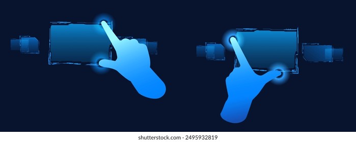 Hand gestures control on digital touchscreen vector set. Blue gradient hand forefinger and thumb actions swipe, scroll, pinch, tap click, zoom and slide touch effects. UI user interface