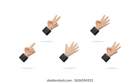 Hand gestures for counting from one to five. Set of cartoon human hands showing numbers. Numeric sign for communication.