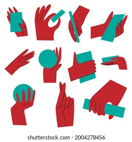 Hand gestures. Hand with counting gestures, hand with various objects,
 the hand holds objects in different positions. Unusual hands in a flat style on a white background. 