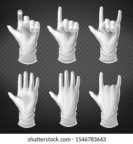Hand gestures in different positions. Human palm dressed in white glove show, pointing, holding and represent fingers rock symbol isolated on transparent background. Realistic 3d vector illustration