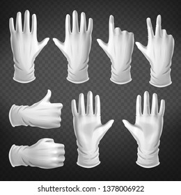 Hand gestures in different positions isolated on transparent background. Human palm dressed in white glove show, pointing, holding and represent fingers and thumb up. Realistic 3d vector illustration.