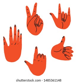 Hand gestures in different positions. set of vector  hands showing and pointing, holding and representing. In cartoon style illustration
