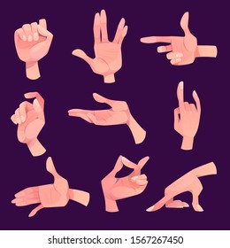 Hand gestures in different positions set isolated on purple background. Human palm gesturing, show direction, pointing, and represent emotions with fingers and thumb. Cartoon vector illustration.